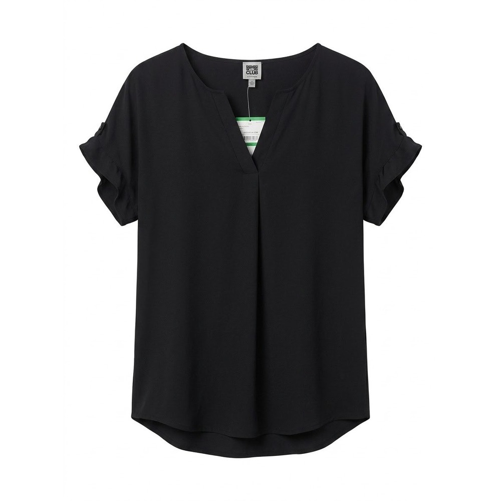 Anne Klein Knit Top Women Large Black V-Neck Roll-Tab Sleeve 10853121-169 NWT